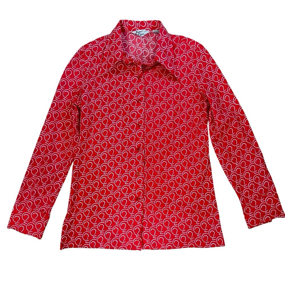 70s Import Corner Red White modernist Geo Print polyester blouse S/M